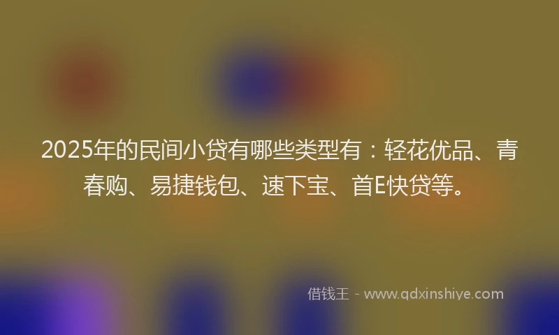 2025年的民间小贷有哪些类型有：轻花优品、青春购、易捷钱包、速下宝、首E快贷等。