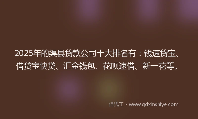 2025年的渠县贷款公司十大排名有：钱速贷宝、借贷宝快贷、汇金钱包、花呗速借、新一花等。