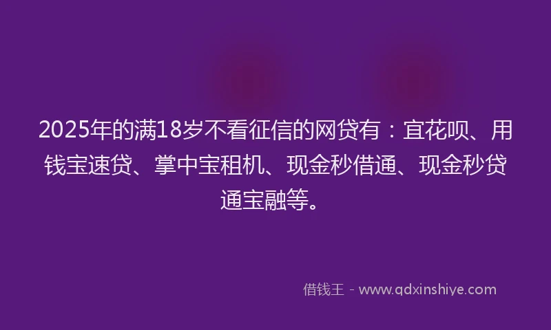 2025年的满18岁不看征信的网贷有：宜花呗、用钱宝速贷、掌中宝租机、现金秒借通、现金秒贷通宝融等。