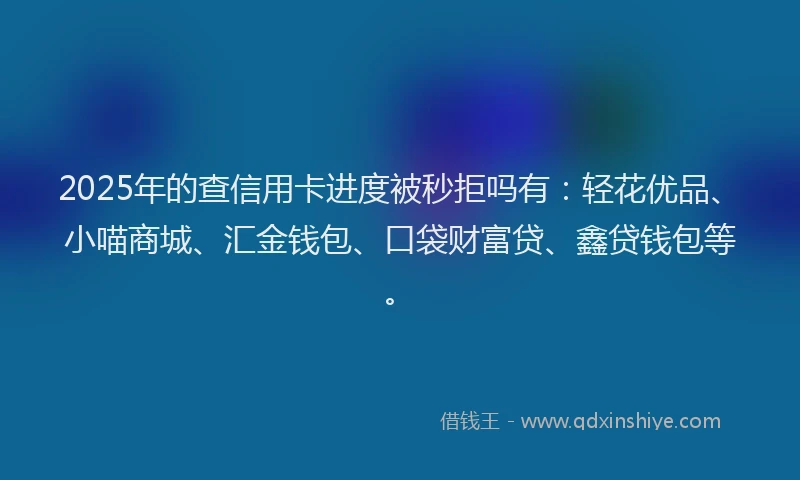 2025年的查信用卡进度被秒拒吗有：轻花优品、小喵商城、汇金钱包、口袋财富贷、鑫贷钱包等。