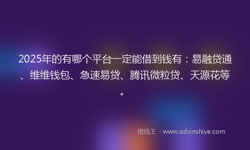 2025年的有哪个平台一定能借到钱有：易融贷通、维维钱包、急速易贷、腾讯微粒贷、天源花等。