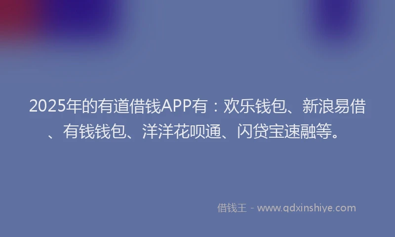 2025年的有道借钱APP有：欢乐钱包、新浪易借、有钱钱包、洋洋花呗通、闪贷宝速融等。