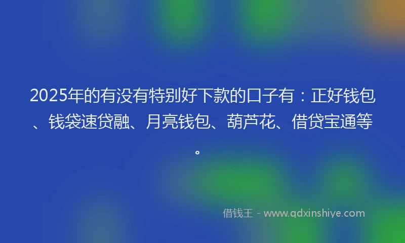 2025年的有没有特别好下款的口子有:正好钱包、钱袋速贷融、月亮钱包、葫芦花、借贷宝通等。