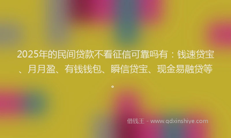 2025年的民间贷款不看征信可靠吗有：钱速贷宝、月月盈、有钱钱包、瞬信贷宝、现金易融贷等。