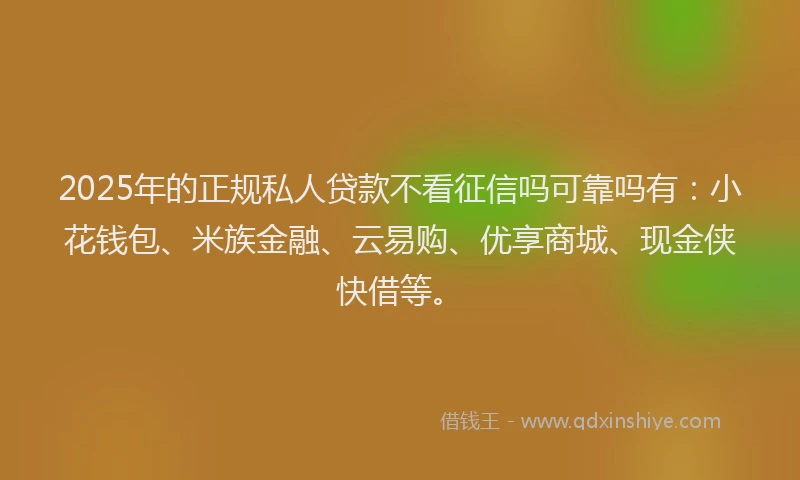 2025年的正规私人贷款不看征信吗可靠吗有：小花钱包、米族金融、云易购、优享商城、现金侠快借等。