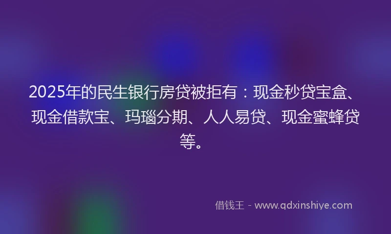 2025年的民生银行房贷被拒有：现金秒贷宝盒、现金借款宝、玛瑙分期、人人易贷、现金蜜蜂贷等。