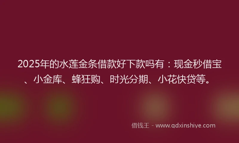 2025年的水莲金条借款好下款吗有：现金秒借宝、小金库、蜂狂购、时光分期、小花快贷等。