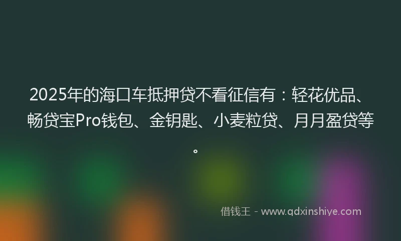 2025年的海口车抵押贷不看征信有：轻花优品、畅贷宝Pro钱包、金钥匙、小麦粒贷、月月盈贷等。