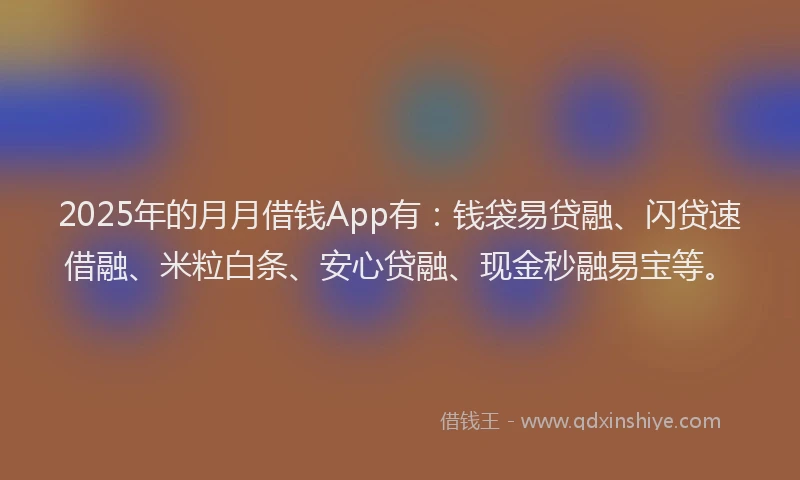 2025年的月月借钱App有：钱袋易贷融、闪贷速借融、米粒白条、安心贷融、现金秒融易宝等。