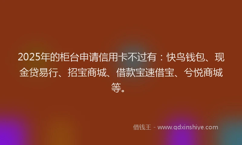 2025年的柜台申请信用卡不过有：快鸟钱包、现金贷易行、招宝商城、借款宝速借宝、兮悦商城等。