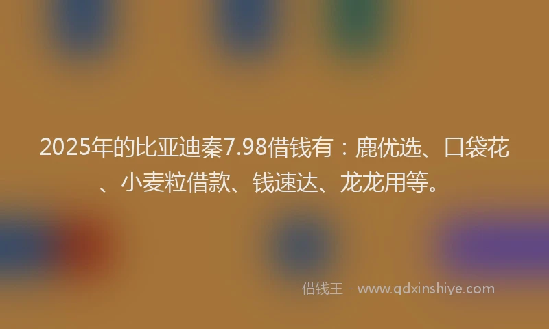 2025年的比亚迪秦7.98借钱有:鹿优选、口袋花、小麦粒借款、钱速达、龙龙用等。