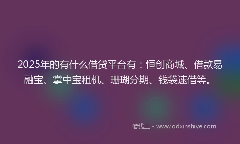 2025年的有什么借贷平台有:恒创商城、借款易融宝、掌中宝租机、珊瑚分期、钱袋速借等。