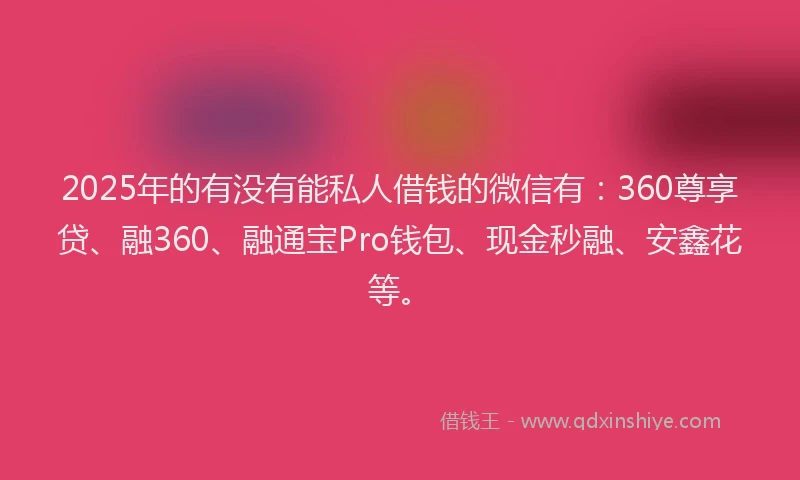2025年的有没有能私人借钱的微信有：360尊享贷、融360、融通宝Pro钱包、现金秒融、安鑫花等。