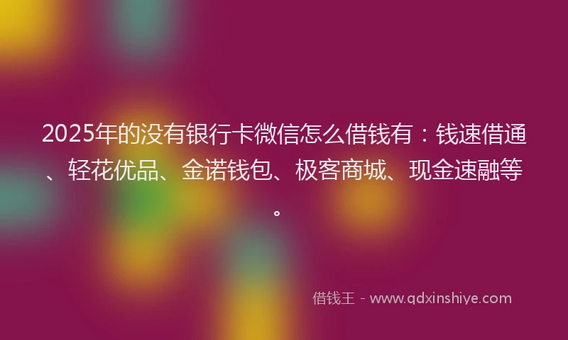 2025年的没有银行卡微信怎么借钱有：钱速借通、轻花优品、金诺钱包、极客商城、现金速融等。