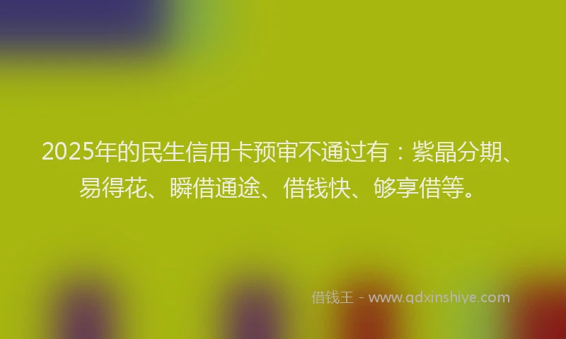 2025年的民生信用卡预审不通过有：紫晶分期、易得花、瞬借通途、借钱快、够享借等。
