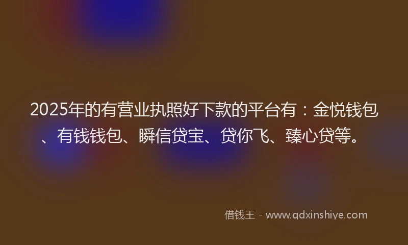 2025年的有营业执照好下款的平台有：金悦钱包、有钱钱包、瞬信贷宝、贷你飞、臻心贷等。