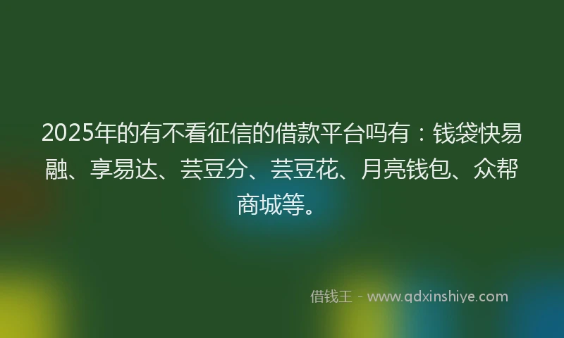 2025年的有不看征信的借款平台吗有：钱袋快易融、享易达、芸豆分、芸豆花、月亮钱包、众帮商城等。