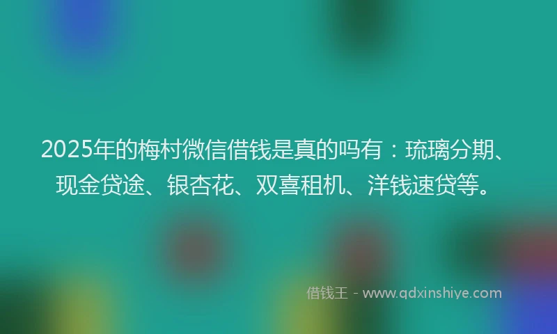 2025年的梅村微信借钱是真的吗有：琉璃分期、现金贷途、银杏花、双喜租机、洋钱速贷等。