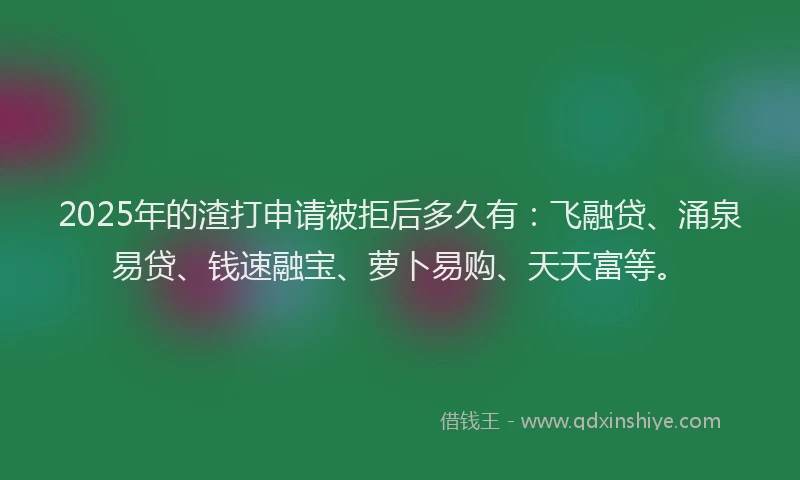 2025年的渣打申请被拒后多久有：飞融贷、涌泉易贷、钱速融宝、萝卜易购、天天富等。