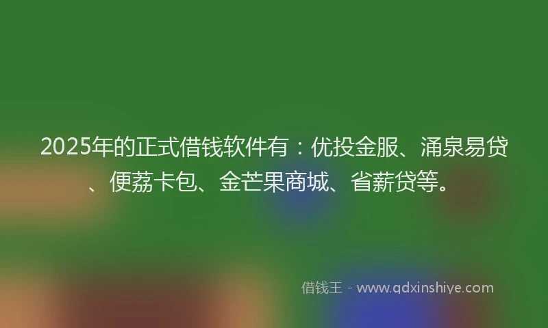 2025年的正式借钱软件有：优投金服、涌泉易贷、便荔卡包、金芒果商城、省薪贷等。