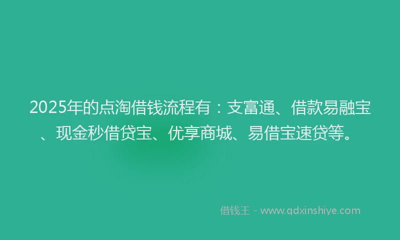 2025年的点淘借钱流程有:支富通、借款易融宝、现金秒借贷宝、优享商城、易借宝速贷等。