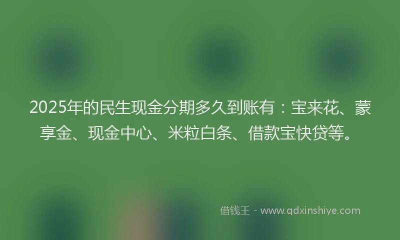 2025年的民生现金分期多久到账有:宝来花、蒙享金、现金中心、米粒白条、借款宝快贷等。