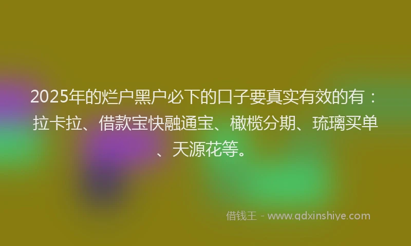 2025年的烂户黑户必下的口子要真实有效的有：拉卡拉、借款宝快融通宝、橄榄分期、琉璃买单、天源花等。