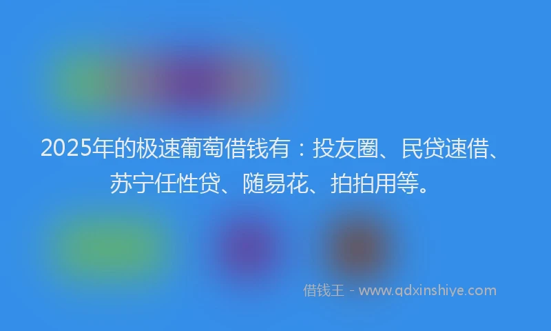 2025年的极速葡萄借钱有：投友圈、民贷速借、苏宁任性贷、随易花、拍拍用等。
