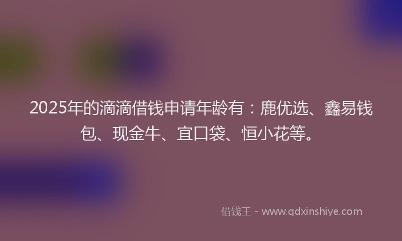 2025年的滴滴借钱申请年龄有：鹿优选、鑫易钱包、现金牛、宜口袋、恒小花等。