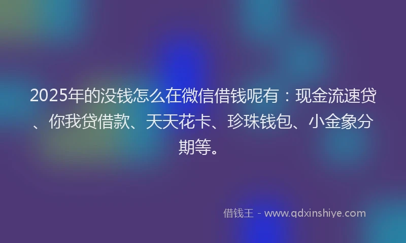 2025年的没钱怎么在微信借钱呢有：现金流速贷、你我贷借款、天天花卡、珍珠钱包、小金象分期等。