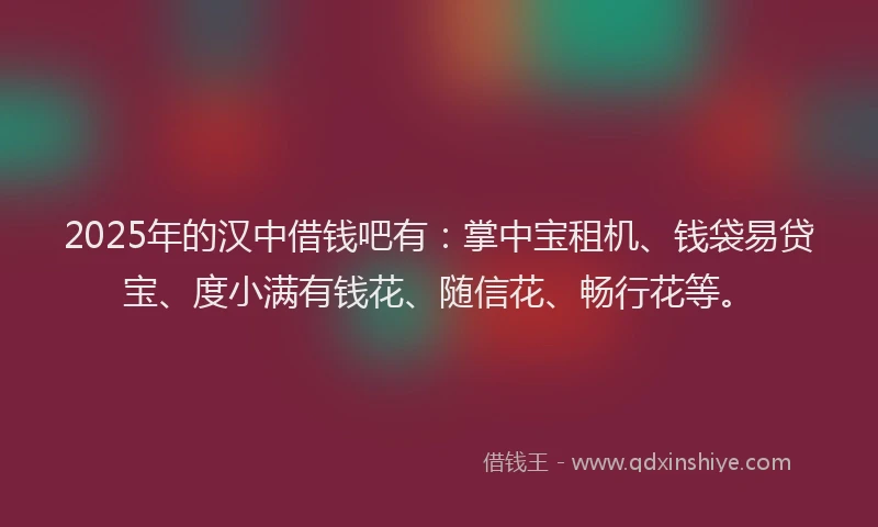 2025年的汉中借钱吧有：掌中宝租机、钱袋易贷宝、度小满有钱花、随信花、畅行花等。