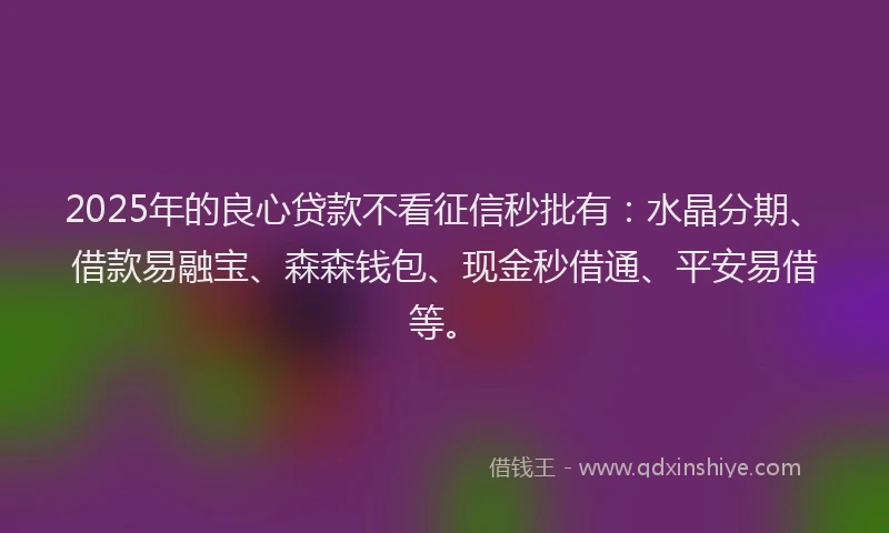 2025年的良心贷款不看征信秒批有：水晶分期、借款易融宝、森森钱包、现金秒借通、平安易借等。