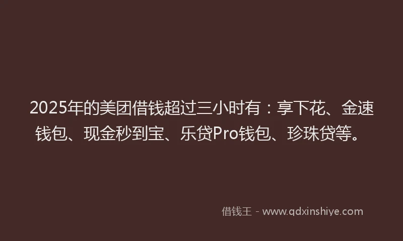 2025年的美团借钱超过三小时有：享下花、金速钱包、现金秒到宝、乐贷Pro钱包、珍珠贷等。