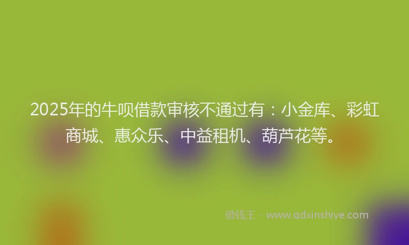 2025年的牛呗借款审核不通过有：小金库、彩虹商城、惠众乐、中益租机、葫芦花等。