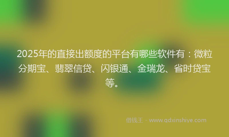 2025年的直接出额度的平台有哪些软件有:微粒分期宝、翡翠信贷、闪银通、金瑞龙、省时贷宝等。