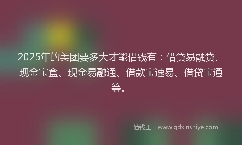 2025年的美团要多大才能借钱有：借贷易融贷、现金宝盒、现金易融通、借款宝速易、借贷宝通等。