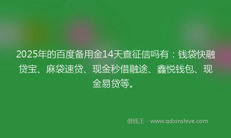 2025年的百度备用金14天查征信吗有：钱袋快融贷宝、麻袋速贷、现金秒借融途、鑫悦钱包、现金易贷等。