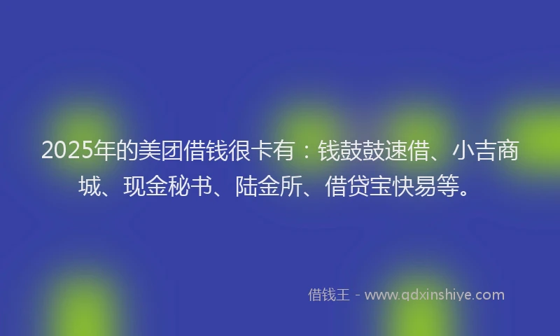 2025年的美团借钱很卡有:钱鼓鼓速借、小吉商城、现金秘书、陆金所、借贷宝快易等。