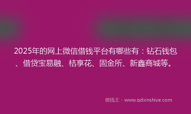 2025年的网上微信借钱平台有哪些有：钻石钱包、借贷宝易融、桔享花、固金所、新鑫商城等。