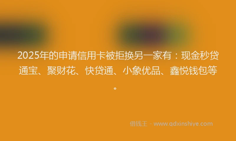 2025年的申请信用卡被拒换另一家有：现金秒贷通宝、聚财花、快贷通、小象优品、鑫悦钱包等。