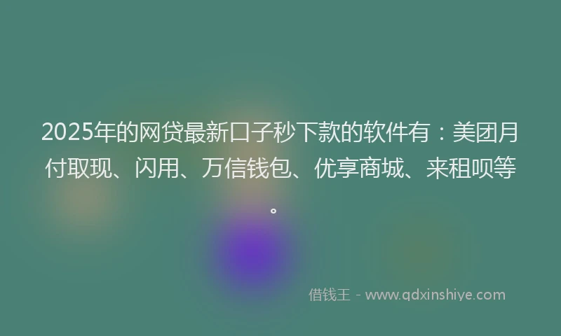 2025年的网贷最新口子秒下款的软件有：美团月付取现、闪用、万信钱包、优享商城、来租呗等。