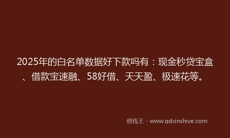 2025年的白名单数据好下款吗有：现金秒贷宝盒、借款宝速融、58好借、天天盈、极速花等。