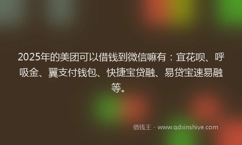 2025年的美团可以借钱到微信嘛有：宜花呗、呼吸金、翼支付钱包、快捷宝贷融、易贷宝速易融等。