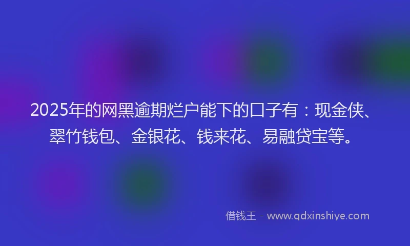 2025年的网黑逾期烂户能下的口子有：现金侠、翠竹钱包、金银花、钱来花、易融贷宝等。