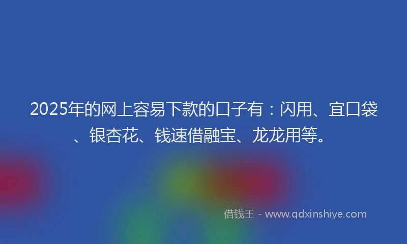 2025年的网上容易下款的口子有：闪用、宜口袋、银杏花、钱速借融宝、龙龙用等。