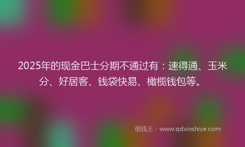 2025年的现金巴士分期不通过有:速得通、玉米分、好居客、钱袋快易、橄榄钱包等。