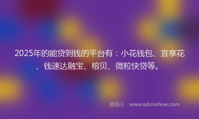 2025年的能贷到钱的平台有：小花钱包、宜享花、钱速达融宝、榕贝、微粒快贷等。
