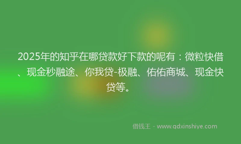 2025年的知乎在哪贷款好下款的呢有:微粒快借、现金秒融途、你我贷-极融、佑佑商城、现金快贷等。
