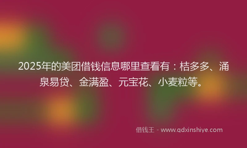 2025年的美团借钱信息哪里查看有:桔多多、涌泉易贷、金满盈、元宝花、小麦粒等。