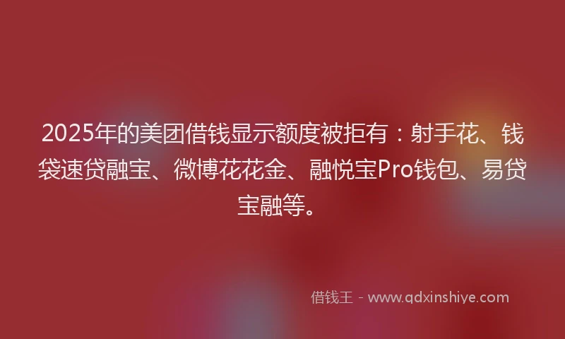 2025年的美团借钱显示额度被拒有：射手花、钱袋速贷融宝、微博花花金、融悦宝Pro钱包、易贷宝融等。